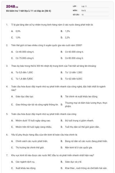 Đề kiểm tra 1 tiết Địa Lí 11 có đáp án (Đề 6)