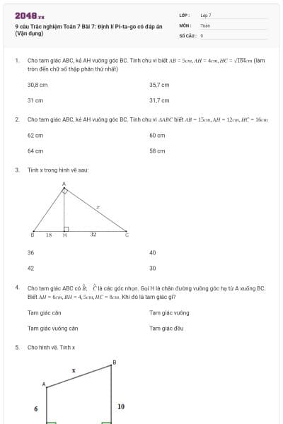 9 câu Trắc nghiệm Toán 7 Bài 7: Định lí Pi-ta-go có đáp án (Vận dụng)