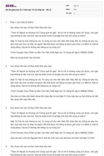 Đề thi giữa học kì 2 Văn lớp 10 (có đáp án - Đề 3)