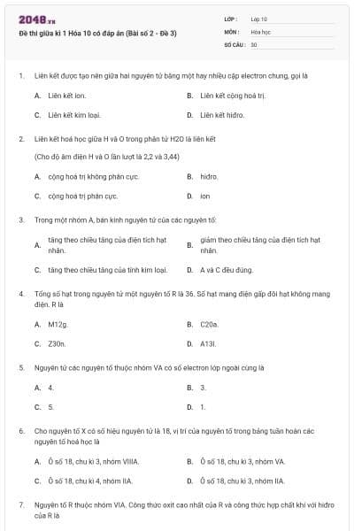 Đề thi giữa kì 1 Hóa 10 có đáp án (Bài số 2 - Đề 3)