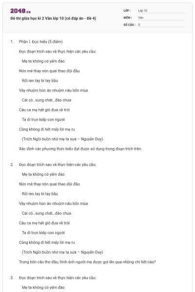 Đề thi giữa học kì 2 Văn lớp 10 (có đáp án - Đề 4)