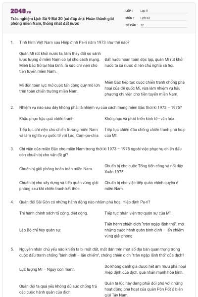 Trắc nghiệm Lịch Sử 9 Bài 30 (có đáp án): Hoàn thành giải phóng miền Nam, thống nhất đất nước