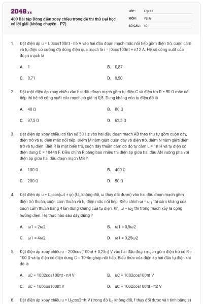 400 Bài tập Dòng điện xoay chiều trong đề thi thử Đại học có lời giải (không chuyên - P7)
