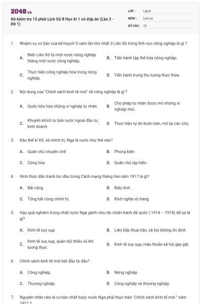 Đề kiểm tra 15 phút Lịch Sử 8 Học kì 1 có đáp án (Lần 2 - Đề 1)