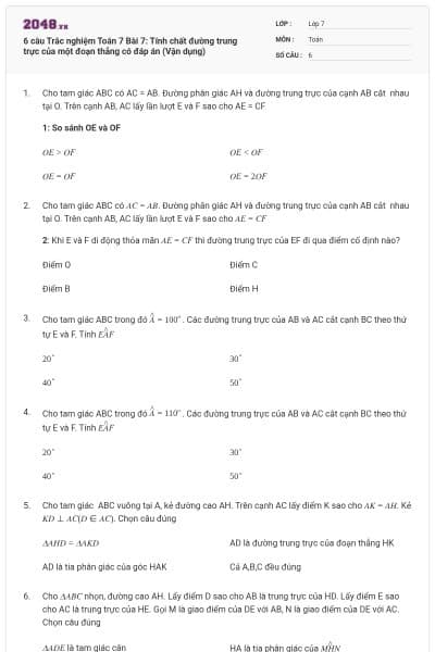 6 câu Trắc nghiệm Toán 7 Bài 7: Tính chất đường trung trực của một đoạn thẳng có đáp án (Vận dụng)