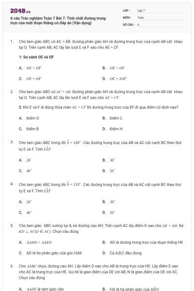 6 câu Trắc nghiệm Toán 7 Bài 7: Tính chất đường trung trực của một đoạn thẳng có đáp án (Vận dụng)