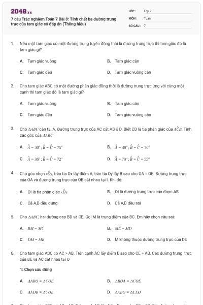 7 câu Trắc nghiệm Toán 7 Bài 8: Tính chất ba đường trung trực của tam giác có đáp án (Thông hiểu)