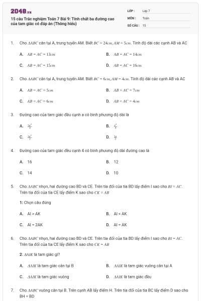 15 câu Trắc nghiệm Toán 7 Bài 9: Tính chất ba đường cao của tam giác có đáp án (Thông hiểu)