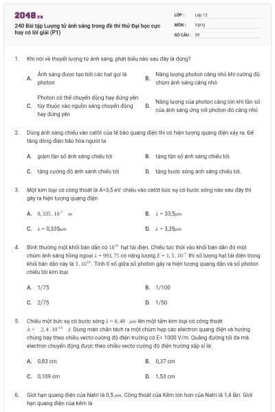 240 Bài tập Lượng tử ánh sáng trong đề thi thử Đại học cực hay có lời giải (P1)