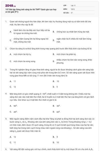 197 Bài tập Sóng ánh sáng ôn thi THPT Quốc gia cực hay có lời giải (P1)