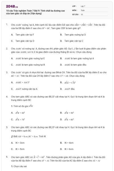 10 câu Trắc nghiệm Toán 7 Bài 9: Tính chất ba đường cao của tam giác có đáp án (Vận dụng)