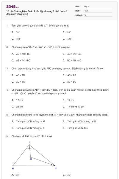 10 câu Trắc nghiệm Toán 7: Ôn tập chương 3 hình học có đáp án (Thông hiểu)
