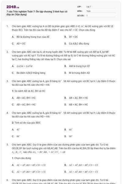 7 câu Trắc nghiệm Toán 7: Ôn tập chương 3 hình học có đáp án (Vận dụng)