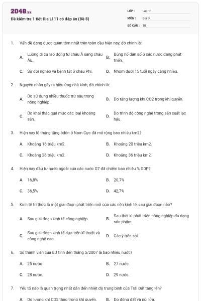Đề kiểm tra 1 tiết Địa Lí 11 có đáp án (Đề 8)