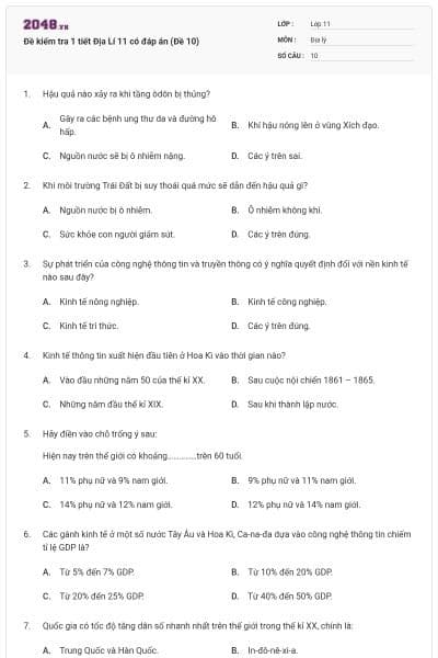Đề kiểm tra 1 tiết Địa Lí 11 có đáp án (Đề 10)