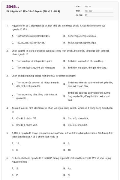 Đề thi giữa kì 1 Hóa 10 có đáp án (Bài số 2 - Đề 4)