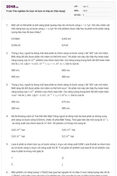 9 câu Trắc nghiệm Sơ lược về laze có đáp án (Vận dụng)