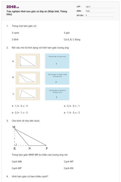 Trắc nghiệm Hình tam giác có đáp án (Nhận biết, Thông hiểu)