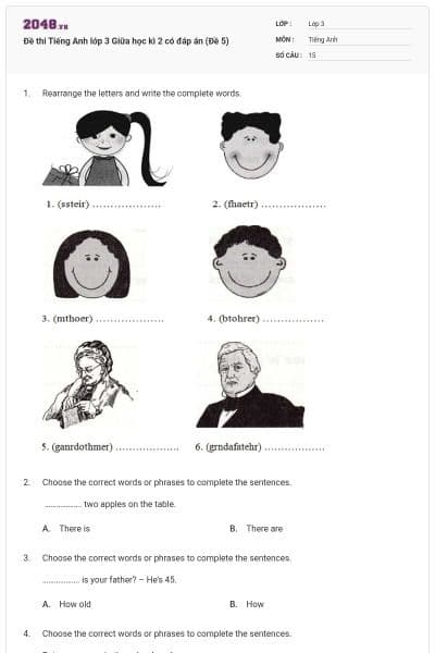 Đề thi Tiếng Anh lớp 3 Giữa học kì 2 có đáp án (Đề 5)