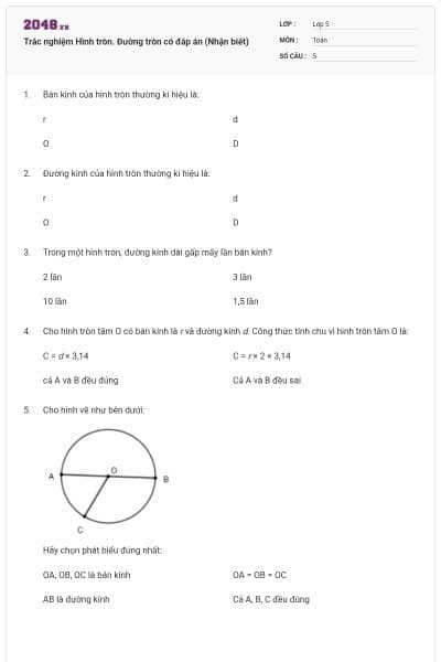 Trắc nghiệm Hình tròn. Đường tròn có đáp án (Nhận biết)