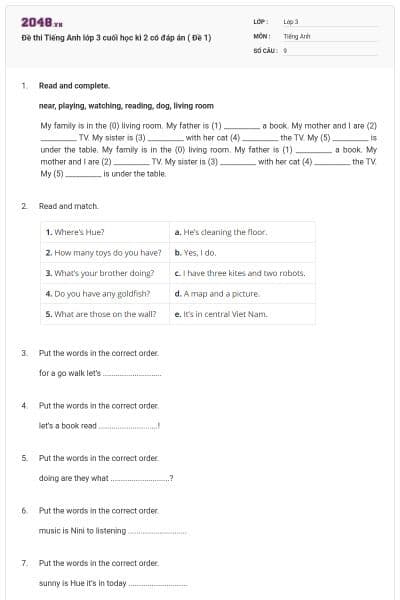 Đề thi Tiếng Anh lớp 3 cuối học kì 2 có đáp án ( Đề 1)