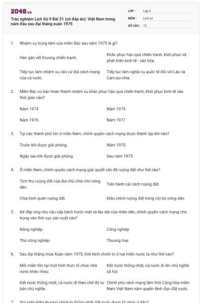 Trắc nghiệm Lịch Sử 9 Bài 31 (có đáp án): Việt Nam trong năm đầu sau đại thắng xuân 1975