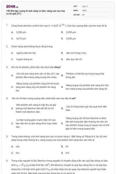 190 Bài tập Lượng tử ánh sáng cơ bản, nâng cao cực hay có lời giải (P1)