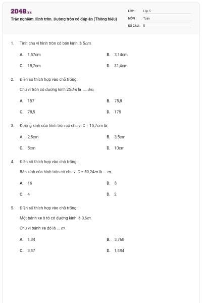 Trắc nghiệm Hình tròn. Đường tròn có đáp án (Thông hiểu)