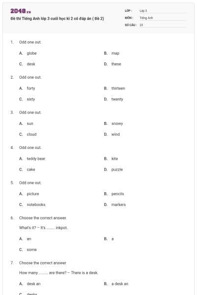 Đề thi Tiếng Anh lớp 3 cuối học kì 2 có đáp án ( Đề 2)