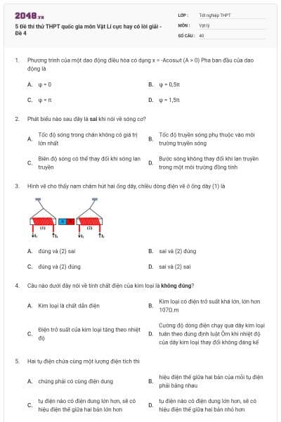 5 Đề thi thử THPT quốc gia môn Vật Lí cực hay có lời giải - Đề 4