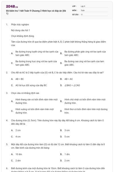 Đề kiểm tra 1 tiết Toán 9 Chương 2 Hình học có đáp án (Đề 1)