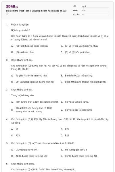 Đề kiểm tra 1 tiết Toán 9 Chương 2 Hình học có đáp án (Đề 2)
