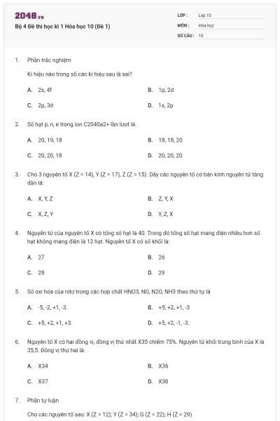 Bộ 4 Đề thi học kì 1 Hóa học 10 (Đề 1)