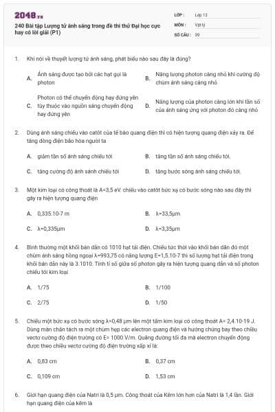 240 Bài tập Lượng tử ánh sáng trong đề thi thử Đại học cực hay có lời giải (P1)