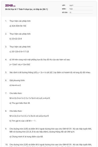 Đề thi Học kì 1 Toán 9 chọn lọc, có đáp án (Đề 1)