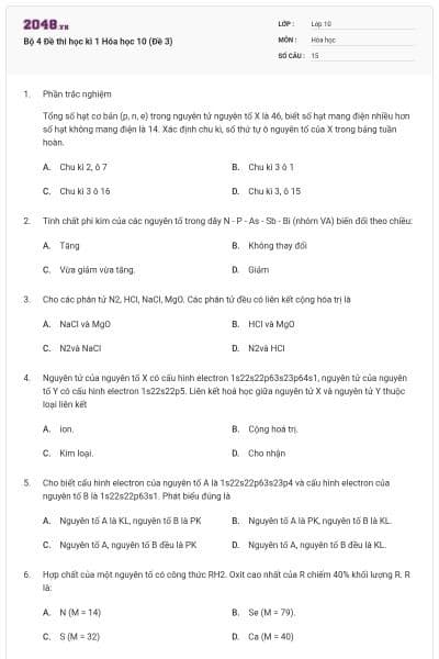 Bộ 4 Đề thi học kì 1 Hóa học 10 (Đề 3)