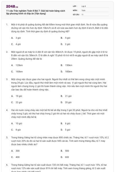11 câu Trắc nghiệm Toán 8 Bài 7: Giải bài toán bằng cách lập phương trình có đáp án (Vận dụng)