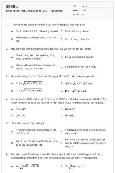 Đề thi học kì 1 Vật Lí 10 có đáp án (Đề 3 - Trắc nghiệm)