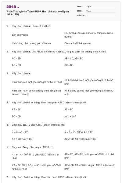 7 câu Trắc nghiệm Toán 8 Bài 9: Hình chữ nhật có đáp án (Nhận biết)