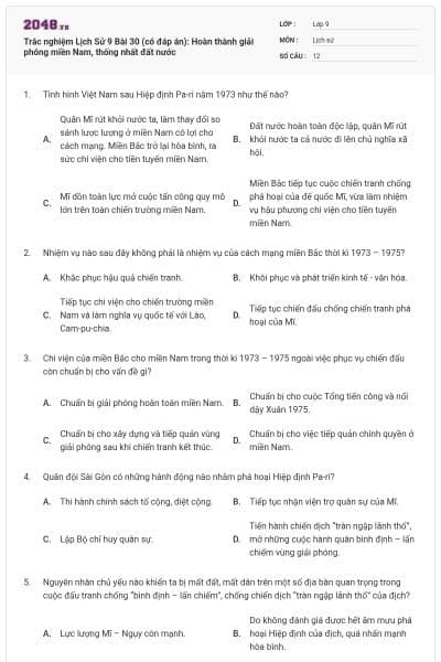 Trắc nghiệm Lịch Sử 9 Bài 30 (có đáp án): Hoàn thành giải phóng miền Nam, thống nhất đất nước