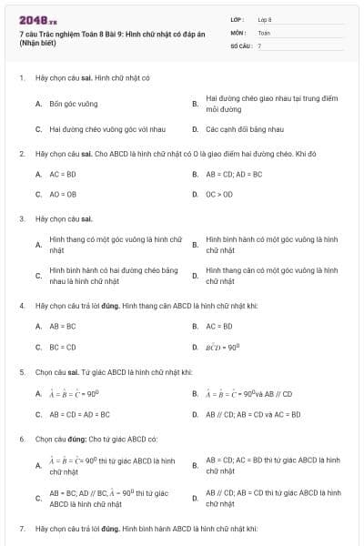 7 câu Trắc nghiệm Toán 8 Bài 9: Hình chữ nhật có đáp án (Nhận biết)