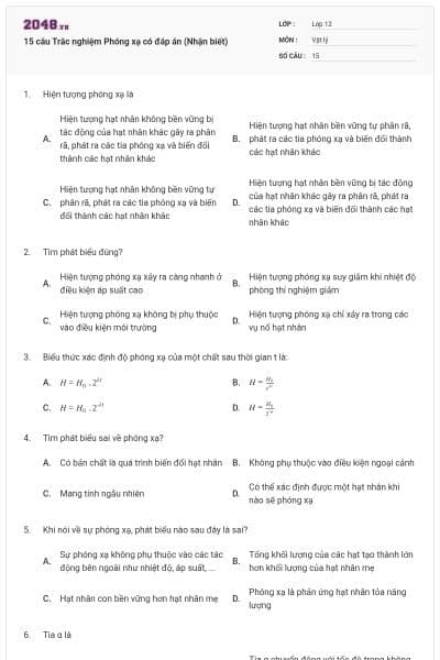 15 câu Trắc nghiệm Phóng xạ có đáp án (Nhận biết)