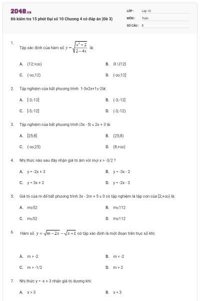 Đề kiểm tra 15 phút Đại số 10 Chương 4 có đáp án (Đề 3)