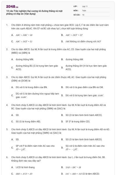 10 câu Trắc nghiệm Đại cương về đường thẳng và mặt phẳng có đáp án (Vận dụng)