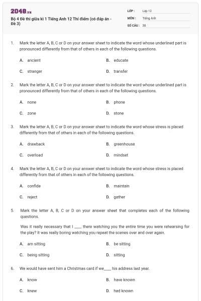 Bộ 4 Đề thi giữa kì 1 Tiếng Anh 12 Thí điểm (có đáp án - Đề 3)