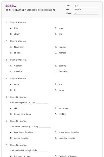 Đề thi Tiếng Anh lớp 4 Giữa học kì 1 có đáp án (Đề 4)