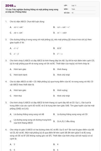 15 câu Trắc nghiệm Đường thẳng và mặt phẳng song song có đáp án (Thông hiểu)