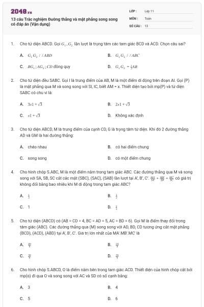 13 câu Trắc nghiệm Đường thẳng và mặt phẳng song song có đáp án (Vận dụng)