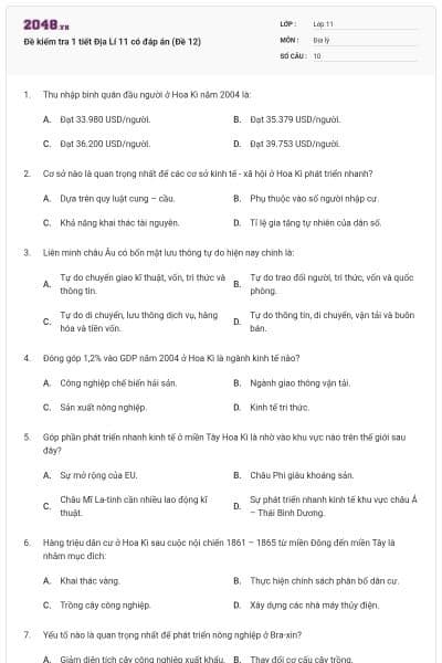 Đề kiểm tra 1 tiết Địa Lí 11 có đáp án (Đề 12)