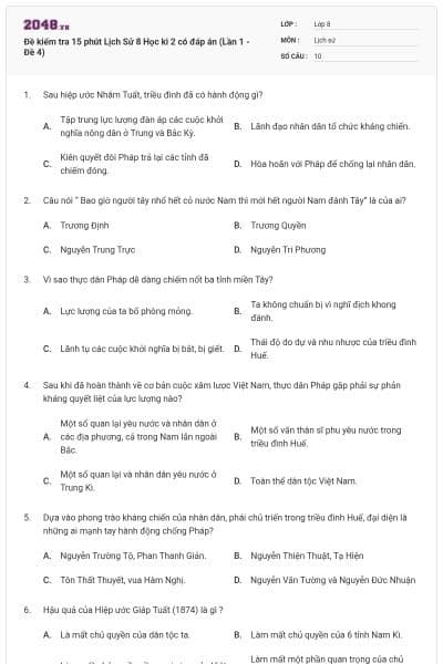 Đề kiểm tra 15 phút Lịch Sử 8 Học kì 2 có đáp án (Lần 1 - Đề 4)